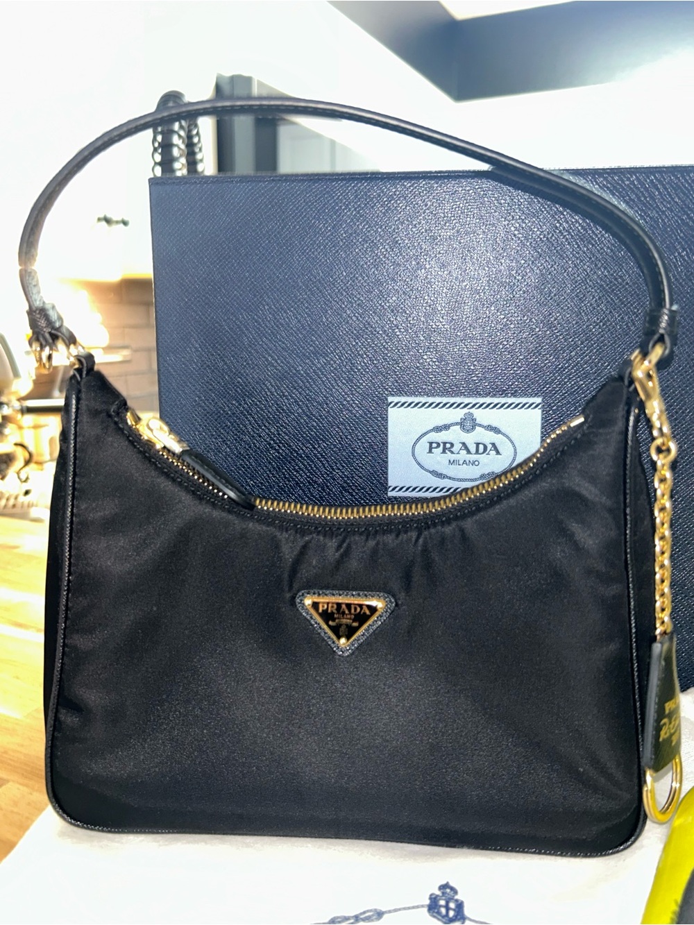 Prada Black Nylon Shoulder Bag with Gold Hardware